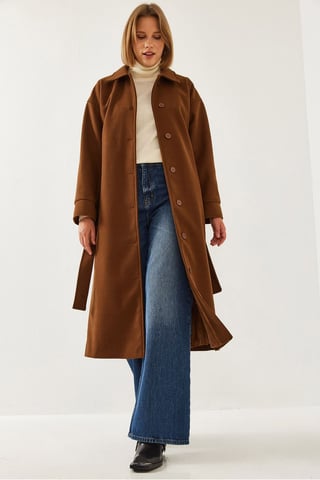 Belted Tweed Coat with Shirt Collar