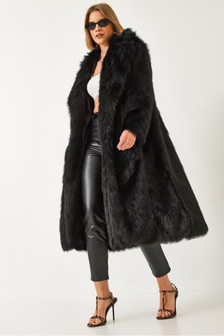 Long Faux Fur Coat with Shawl Collar