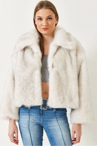 Cropped Open-Front Faux Fur Coat with Long Sleeves