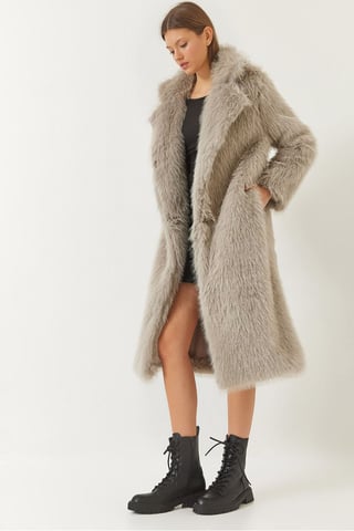 Long Faux Fur Coat with Shawl Collar