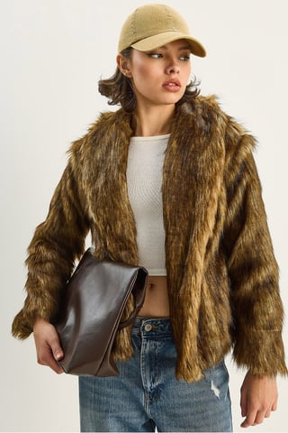 Faux Fur Cropped Open Collar Coat