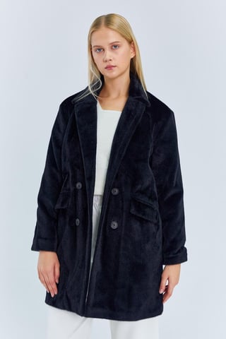 Thick Plush Buttoned Midi Coat with Jacket Collar