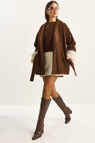 Oversized Shawl Collar Felt Jacket with Faux Fur Cuffs