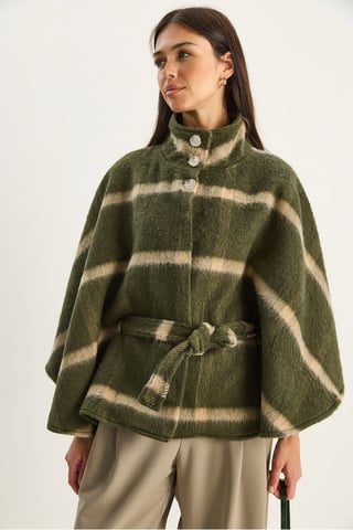 Textured Coat with Jacket Collar and Belt Detail
