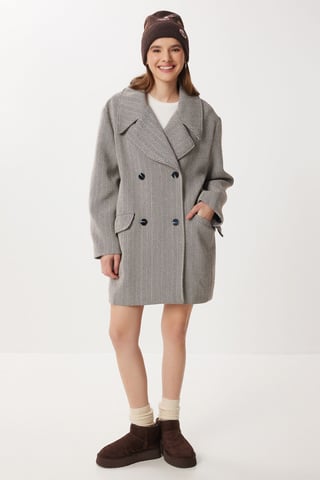 Oversized Herringbone Wool Cotton Midi Overcoat