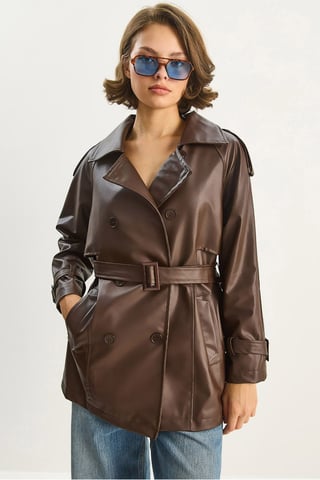 Double Breasted Faux Leather Trench Coat