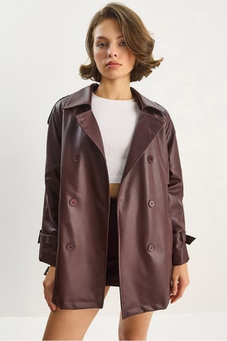 Double Breasted Faux Leather Trench Coat
