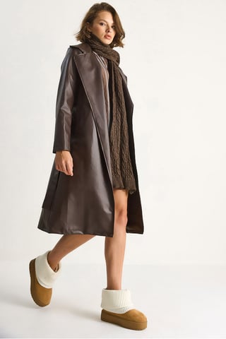 Midi Length Faux Leather Trench Coat with Tie Closure
