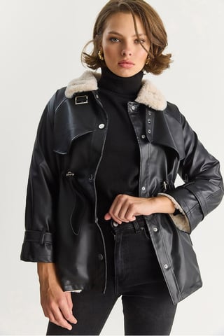 Faux Leather Jacket with Faux Fur Detail