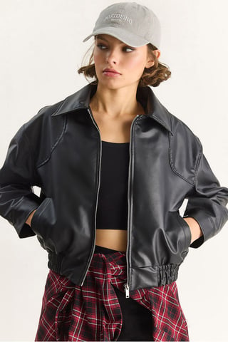 Faux Leather Relaxed Fit Jacket with Zipper and Pockets