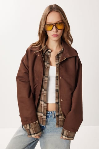 Oversized Gabardine Jacket with Zipper Closure
