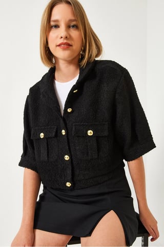 Cropped Plush Buttoned Jacket with Shirt Collar