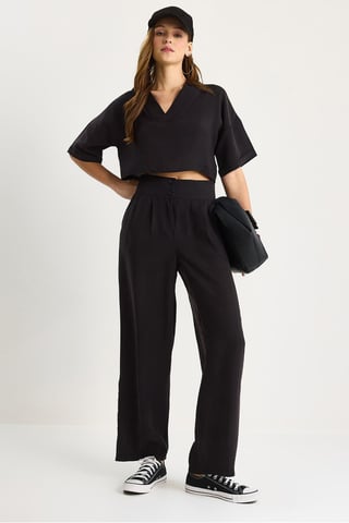 V-Neck Knitted Two-Piece Coord Set with Wide Leg Pants