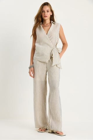 Striped V-Neck Buttoned High Waist Wide Leg Two-Piece Set