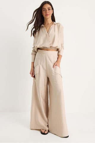 High Waist V-Neck Crop Sweatshirt and Wide Leg Pants Set