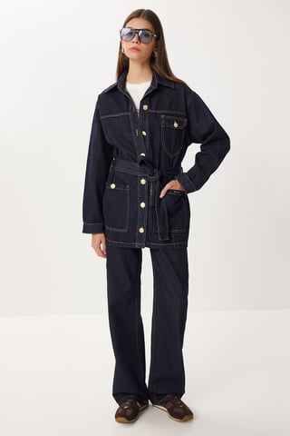 Belted Denim Jacket and Wide Leg Pants Two-Piece Set