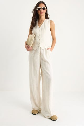Striped V-neck Long Co-ord Set with Button Closure