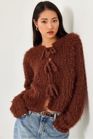 Frilly Cropped Ribbed Knit Cardigan with Tie Closure