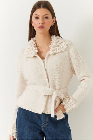 Frilly Tie Closure Shawl Collar Cardigan