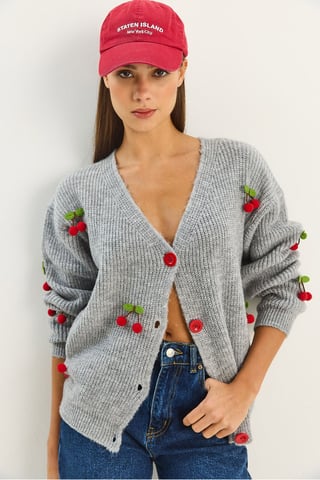 V-Neck Fruit Embroidered Knitwear Cardigan
