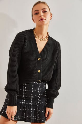V-Neck Cropped Ribbed Knit Cardigan with Gold-Tone Buttons
