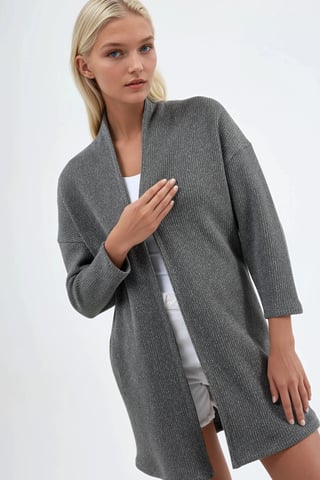 Long Ribbed Knit Cardigan with Open Collar