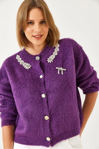 Embellished Crew Neck Long Sleeve Cardigan