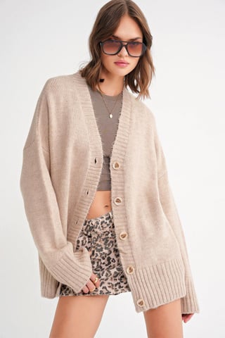 Buttoned V-Neck Ribbed Knit Cardigan