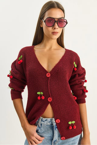 V-Neck Fruit Embroidered Knitwear Cardigan