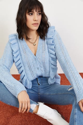 Buttoned Jacquard Patterned Long Sleeve Cardigan