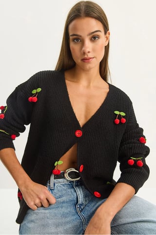 V-ringad fruktbroderad stickad cardigan