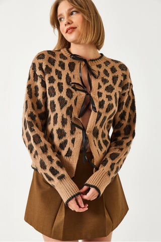 Leopard Print Knitwear Cardigan with Pompom