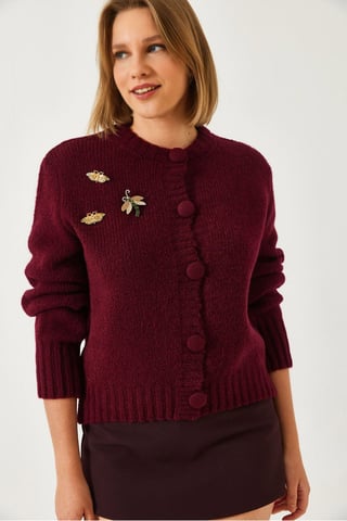 Textured Knitwear Cardigan with Pompom