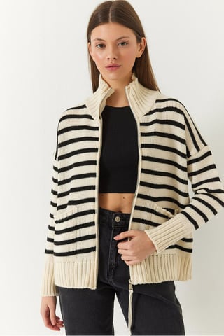 Striped Zip-Up Knitwear Cardigan with Pockets