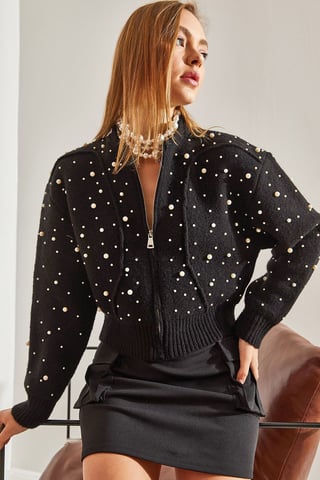 Pärlprydd zip-up kort cardigan
