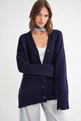 Buttoned V-Neck Ribbed Knit Cardigan