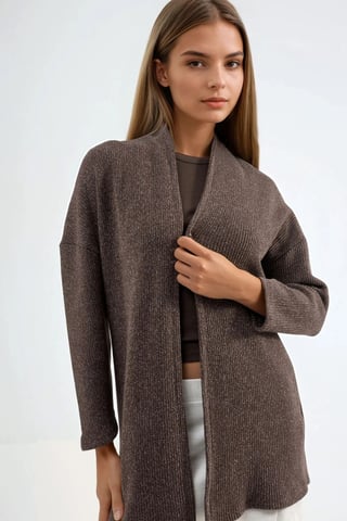 Long Ribbed Knit Cardigan with Open Collar