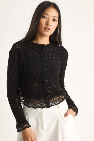 Spetsdetaljerad knappad stickad cardigan