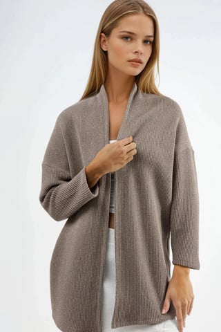 Long Ribbed Knit Cardigan with Open Collar