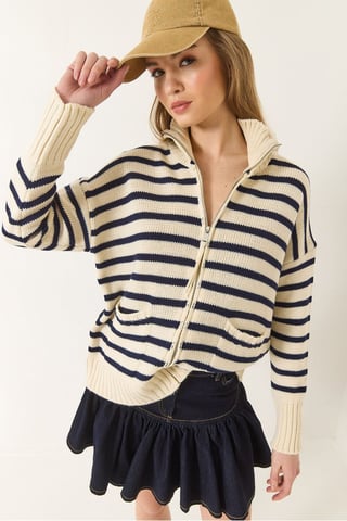 Striped Zip-Up Knitwear Cardigan with Pockets