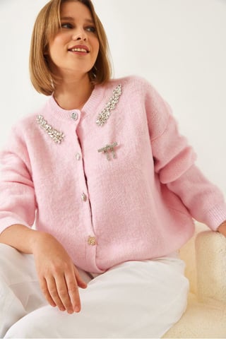 Embellished Crew Neck Long Sleeve Cardigan