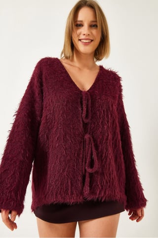 Texturerad Stickad V-ringad Lång Cardigan med Pompom