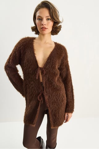 Textured V-Neck Midi Cardigan with Tie Closure
