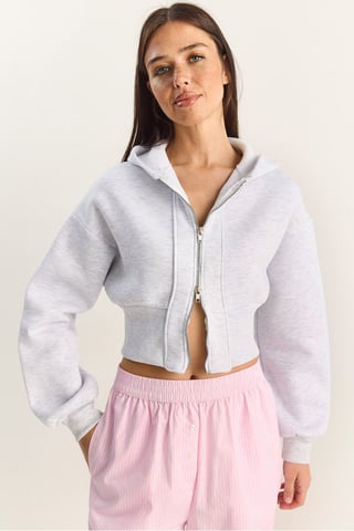 Hooded Slim Fit Ribbed Knit Crop Sweatshirt
