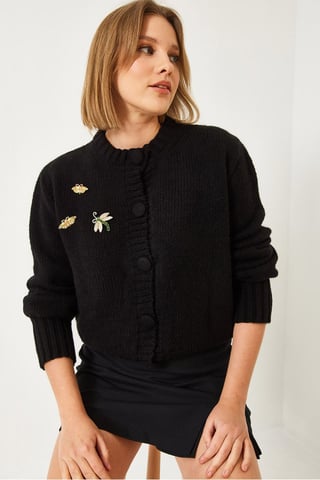 Textured Knitwear Cardigan with Pompom