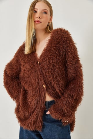 Thick Ribbed V-Neck Cardigan with Button Closure