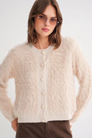 Buttoned Plush Textured Cardigan
