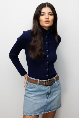 Slim Fit Half Turtleneck Cardigan with Button Closure