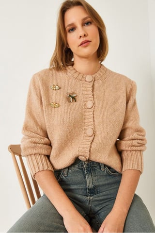 Textured Knitwear Cardigan with Pompom