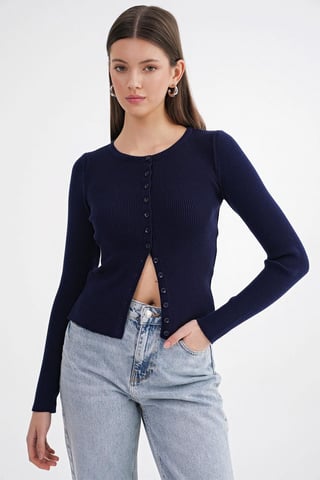 Buttoned Slim Fit Ribbed Knit Cardigan